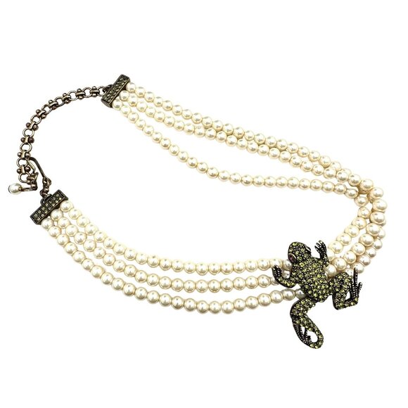 Heidi Daus Crystal Frog Faux Pearl Bronze Tone Necklace 16 to 18 Inch - Picture 1 of 3